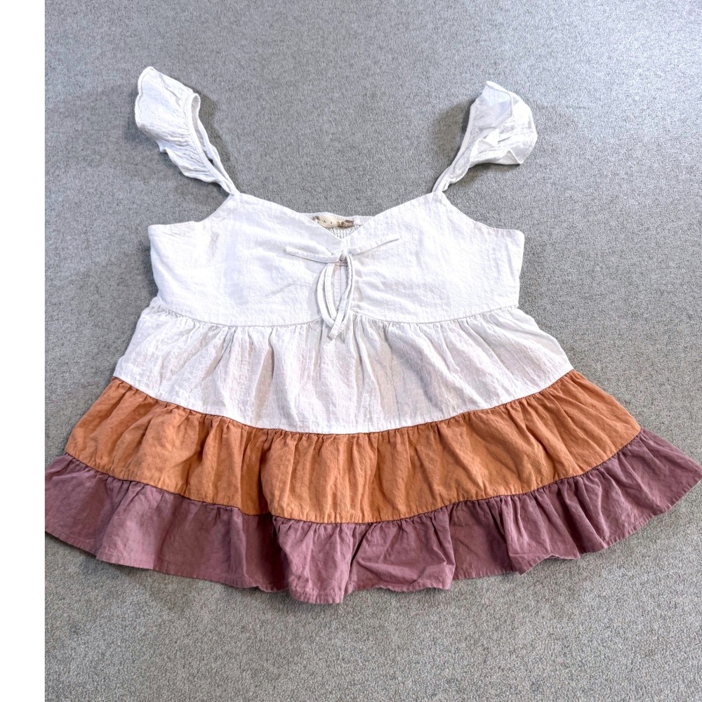 Altar'd State Women Large Boho Tiered Babydoll Top White Rust Ruffle Strap Flowy
